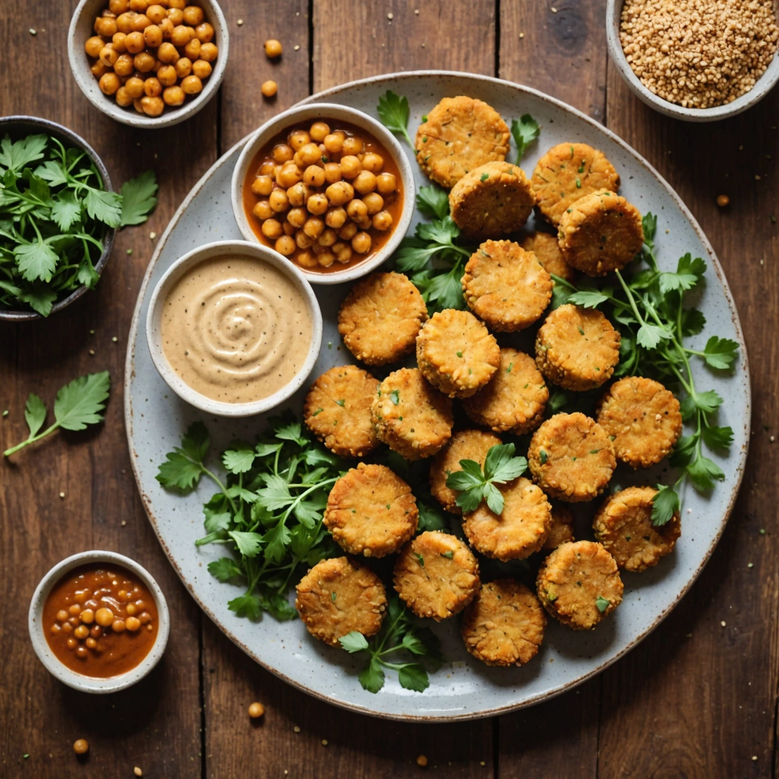 Close-up overhead shot of golden crispy chickpea and quinoa vegan nuggets plated with fresh herbs and quinoa grains on a rustic wooden table, showcasing allergy-safe toddler finger food.