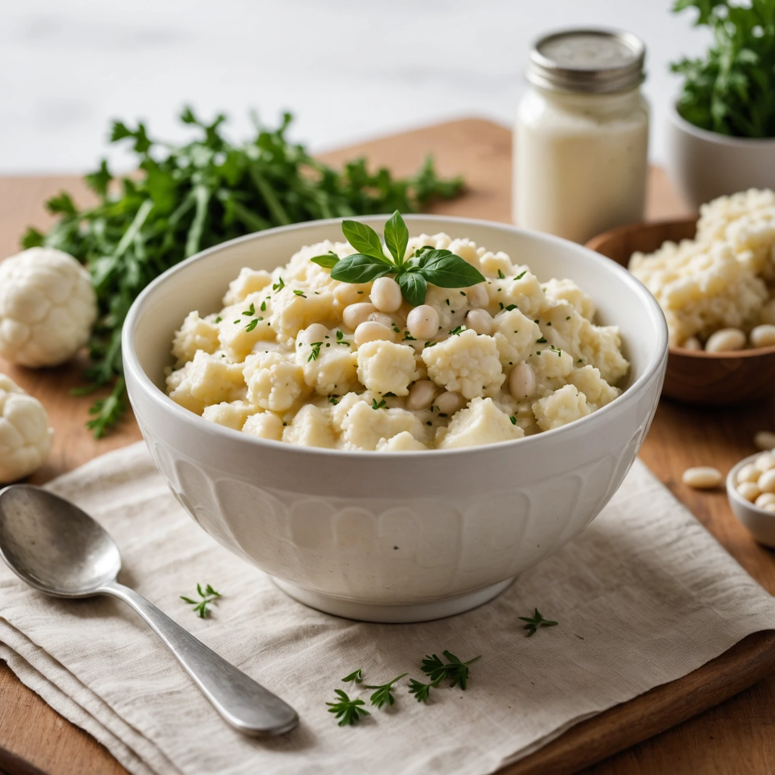 Creamy cauliflower and white bean puree garnished with fresh thyme in a toddler's bowl, shown with soft natural lighting and baby dining items in a pastel setting.