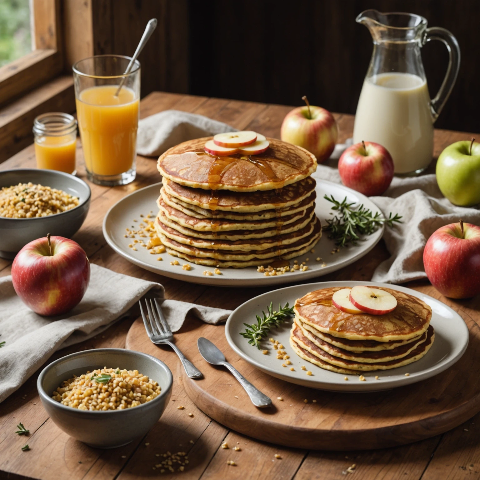 Stack of golden millet and apple savory pancakes garnished with fresh apple slices and thyme on a wooden table in warm morning light, representing allergy-safe toddler breakfast.