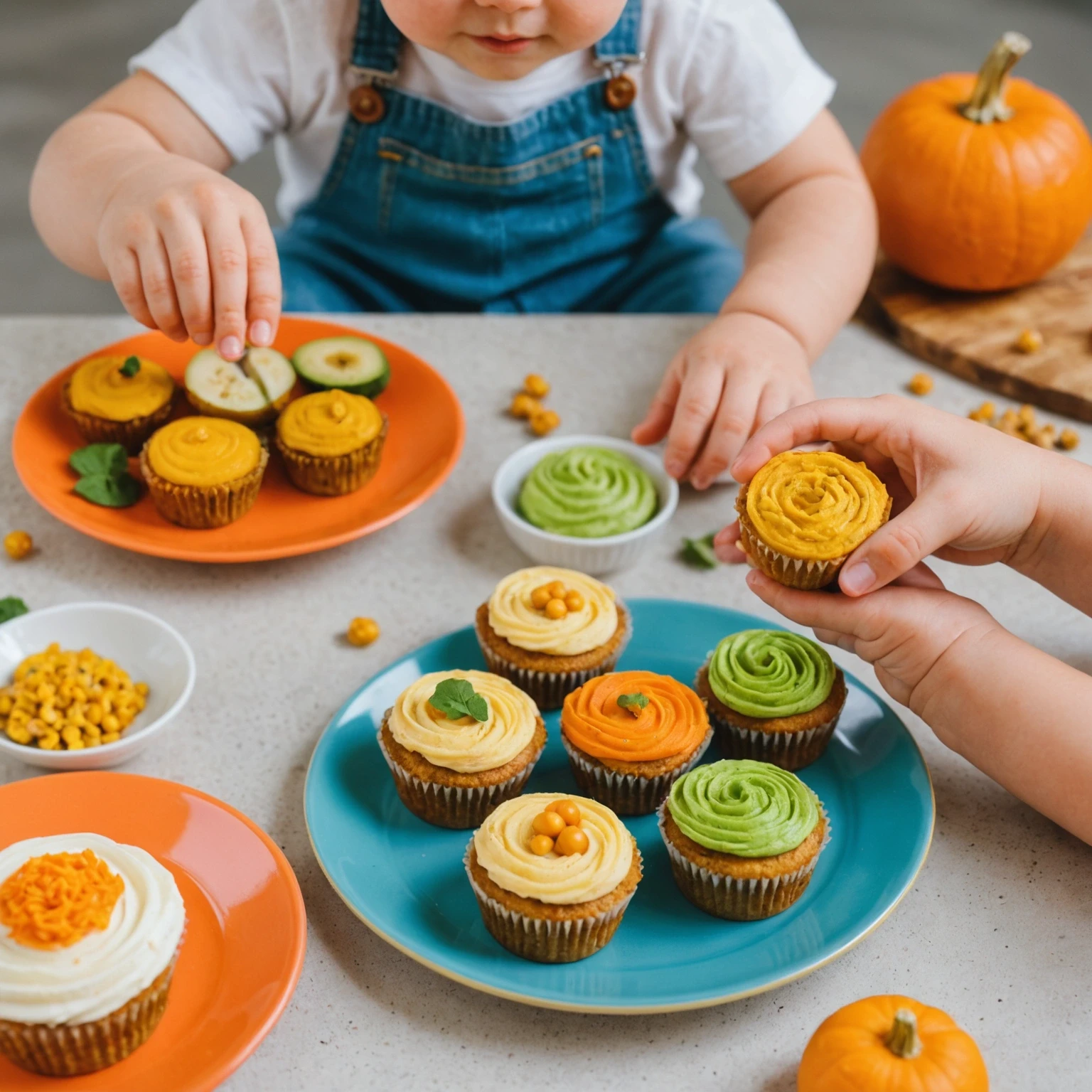 Toddler’s hands exploring various textured and colorful healthy foods on a plate, highlighting sensory play and food curiosity.