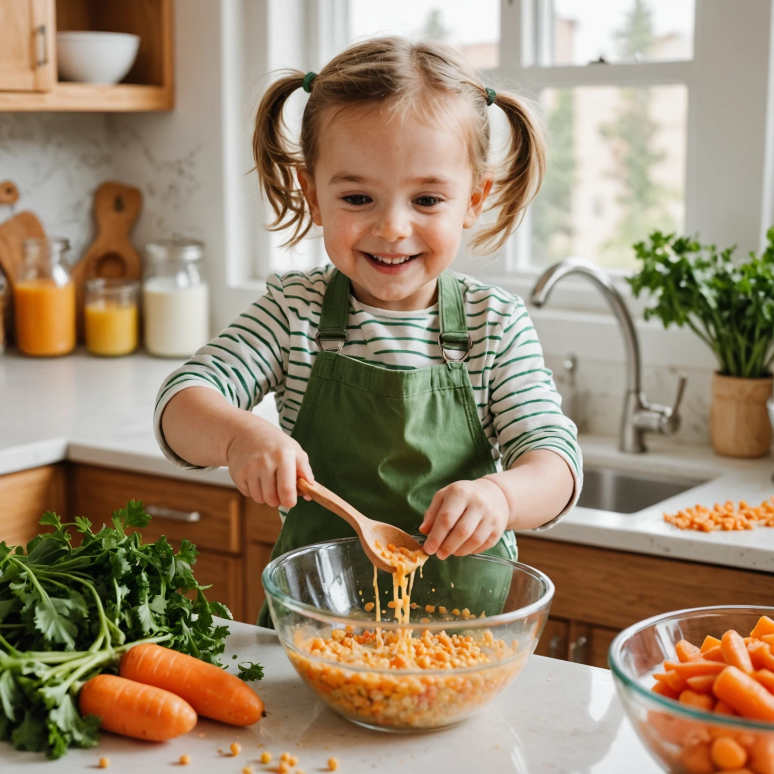A happy toddler assisting a parent with washing vegetables and stirring batter in a bright kitchen, promoting involvement in meal preparation.