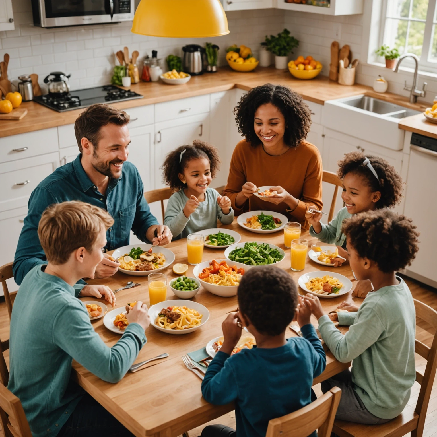 Family enjoying a calm, screen-free mealtime with colorful toddler foods, fostering a positive and encouraging eating environment.