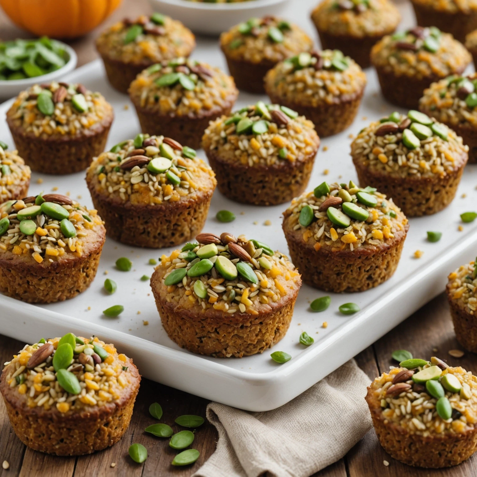 Plate with nut-free toddler snacks including pumpkin quinoa mini loaves, avocado pea rice cakes, and zucchini mini cupcakes with herbs, on a wooden table background.