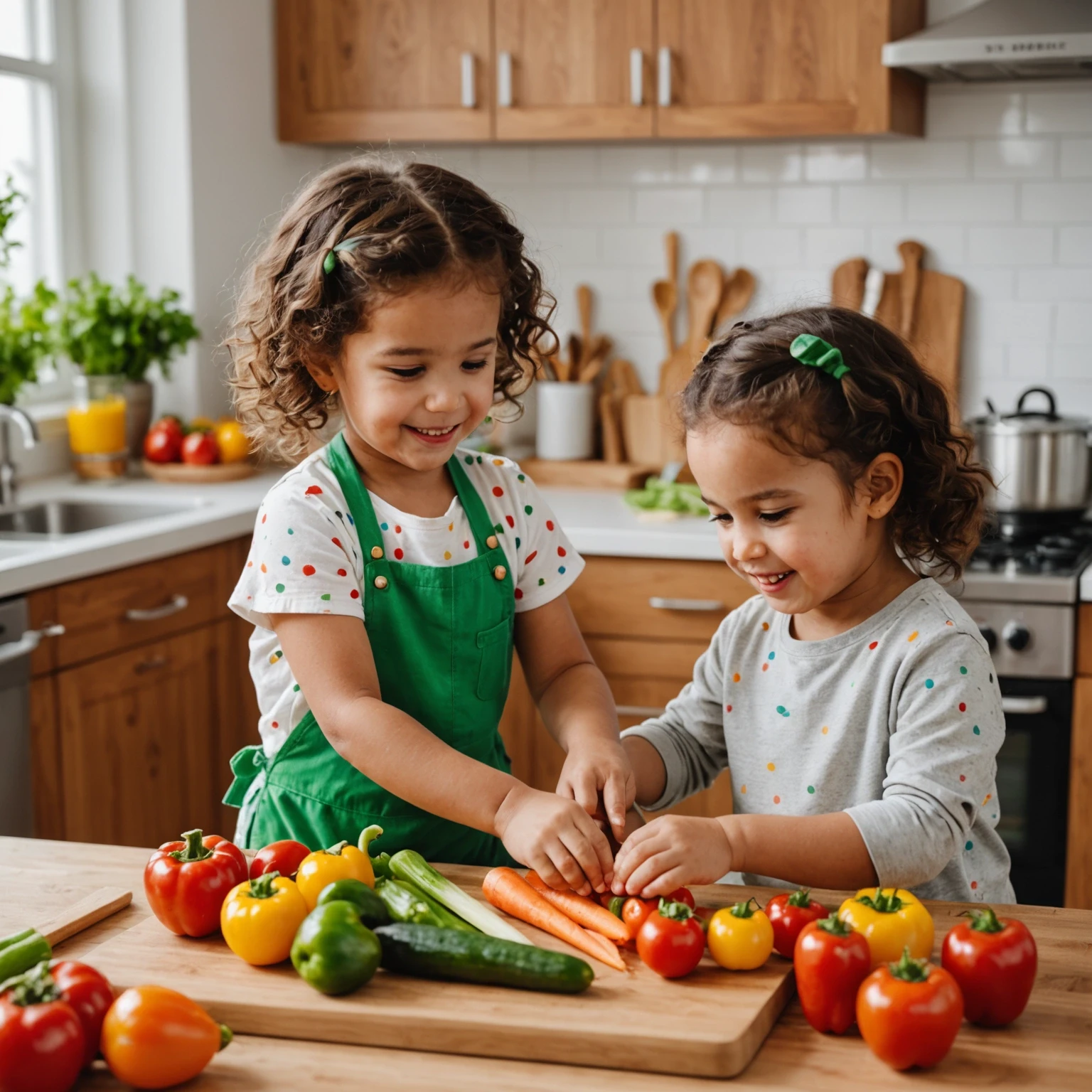 Happy toddler helping parent prepare colorful vegetables in a clean, nut-free kitchen, supporting allergy-safe meal preparation.