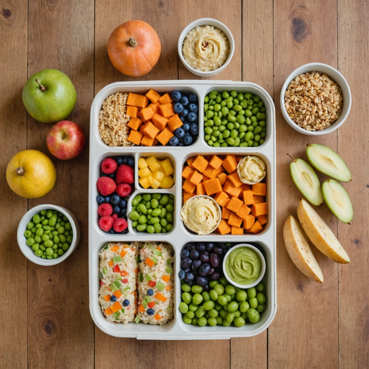 Colorful nut-free toddler lunchbox featuring porridge, rice paper rolls, quinoa mini loaves, and fruit slices, presented on a wooden table.
