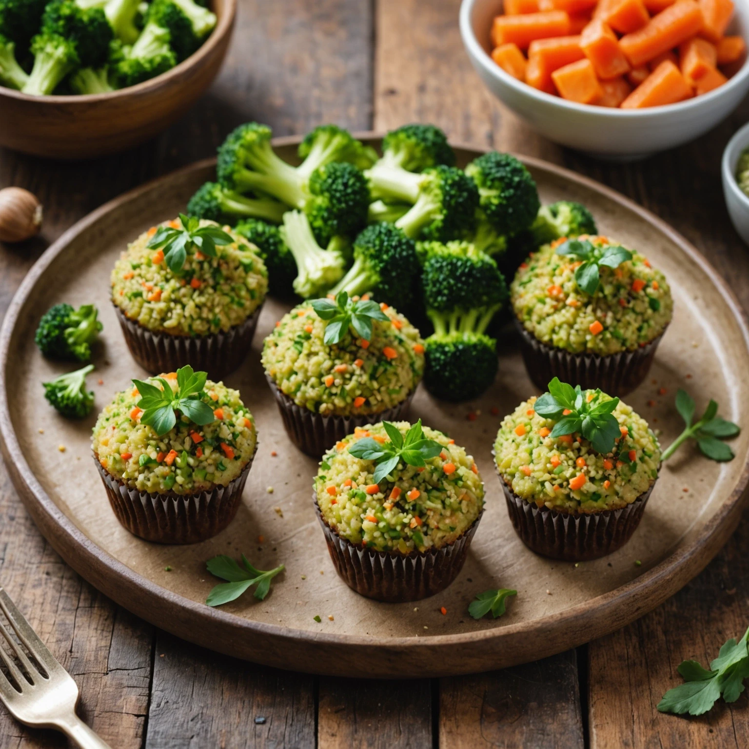 Colorful plate of nut-free quinoa and zucchini mini cupcakes with fresh herbs and steamed seasonal vegetables, styled for toddler-friendly plant-based meals.