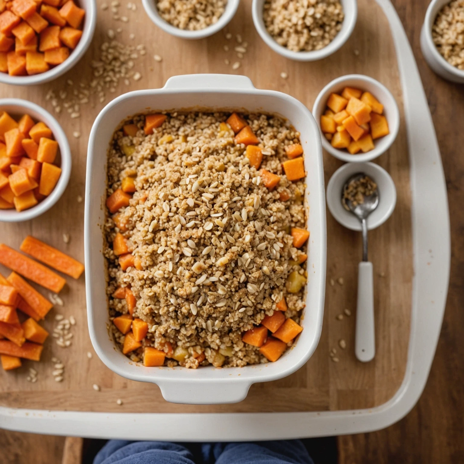 Toddler’s high chair tray with nut-free carrot and pear cobbler topped with oat crumble, alongside small bowls of seed butter and fresh fruit slices.