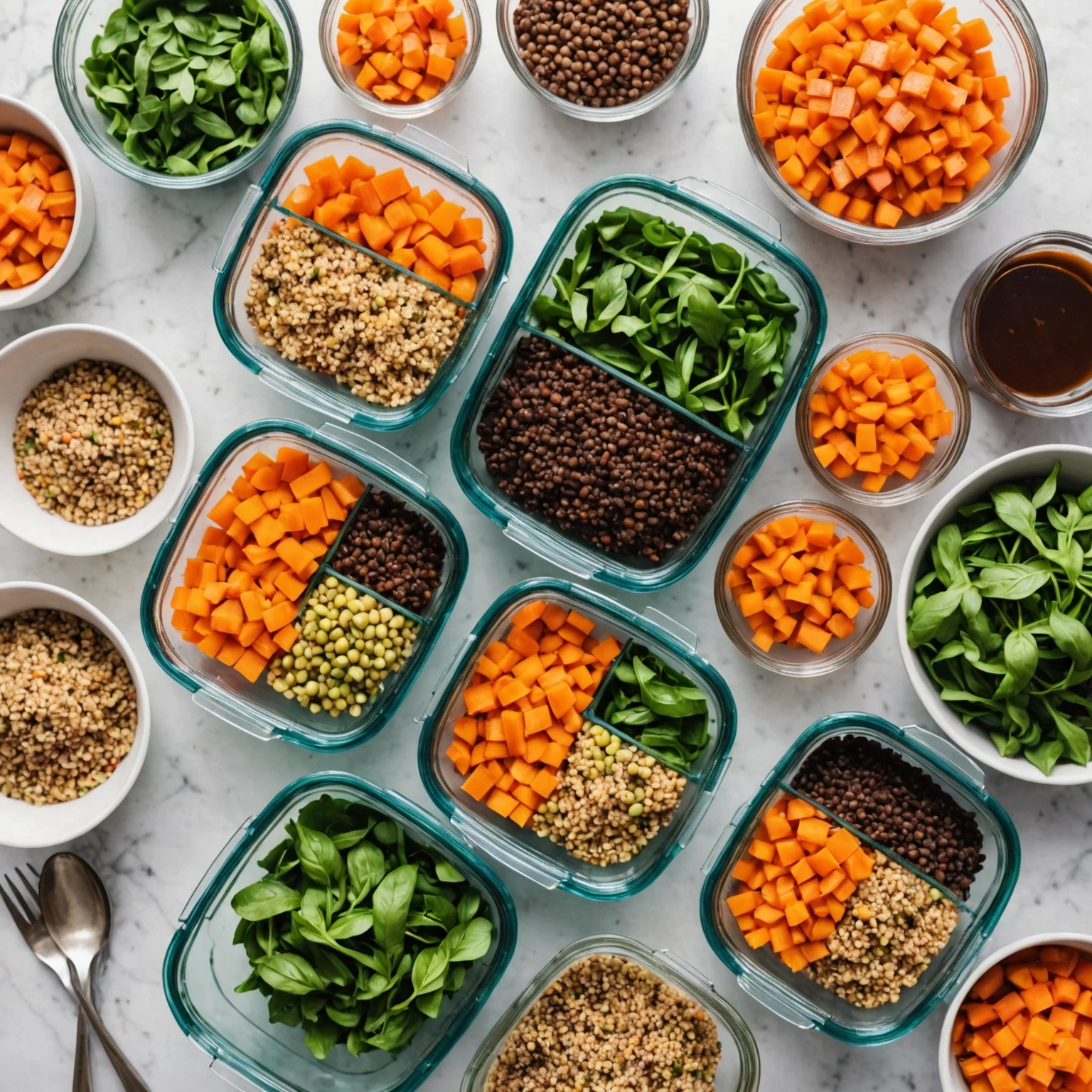Bright overhead view of allergy-conscious meal prep containers filled with iron-rich quinoa and lentil stew alongside fresh seasonal vegetables on a clean kitchen counter.