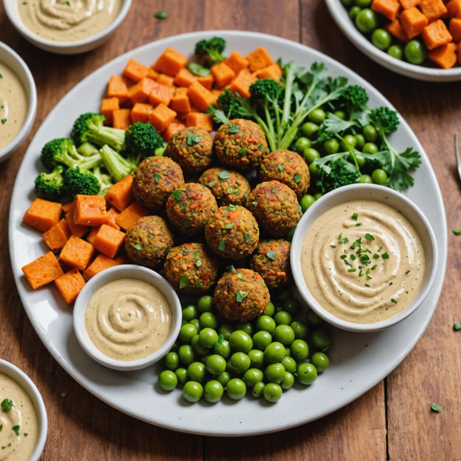 Close-up of mini chickpea and sweet potato falafel bites with tahini dip and soft cooked vegetables, perfect allergy-conscious finger foods for toddlers.