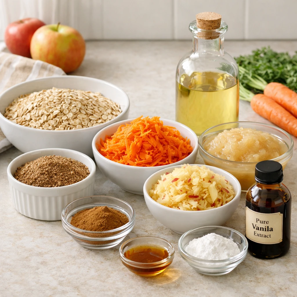 Key ingredients for Mini Carrot and Apple Oat Bars arranged on a kitchen counter
