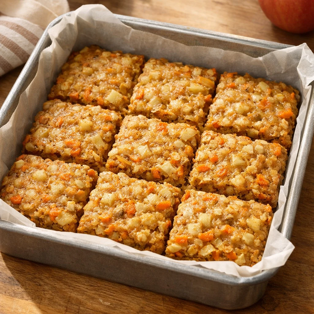 Mini Carrot and Apple Oat Bars cooling in a baking dish lined with parchment paper