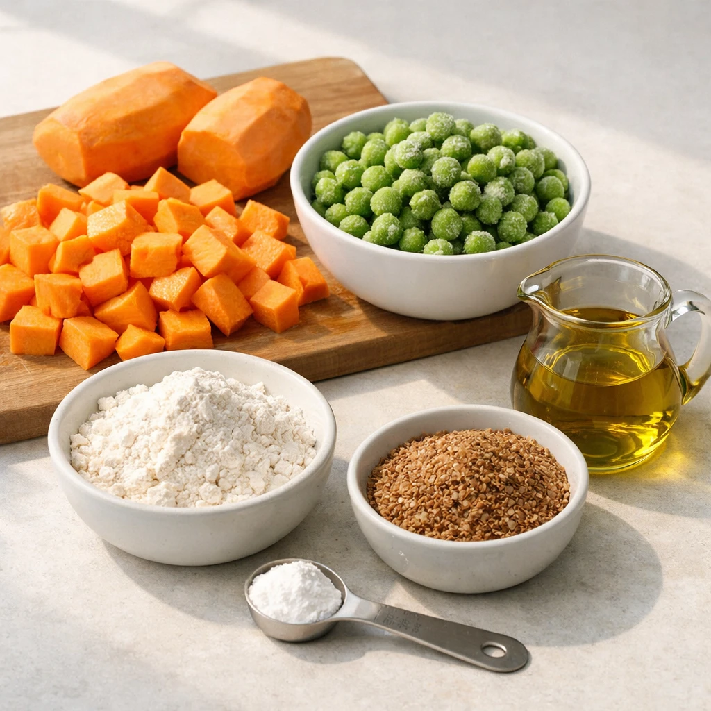 Ingredients for Savory Sweet Potato and Pea Toddler Biscuits including sweet potatoes, peas, gluten-free flour, ground flaxseed, olive oil, and baking powder