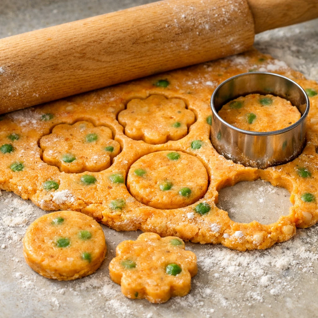 Rolling out dough and cutting Savory Sweet Potato and Pea Toddler Biscuits shapes on a lightly floured surface