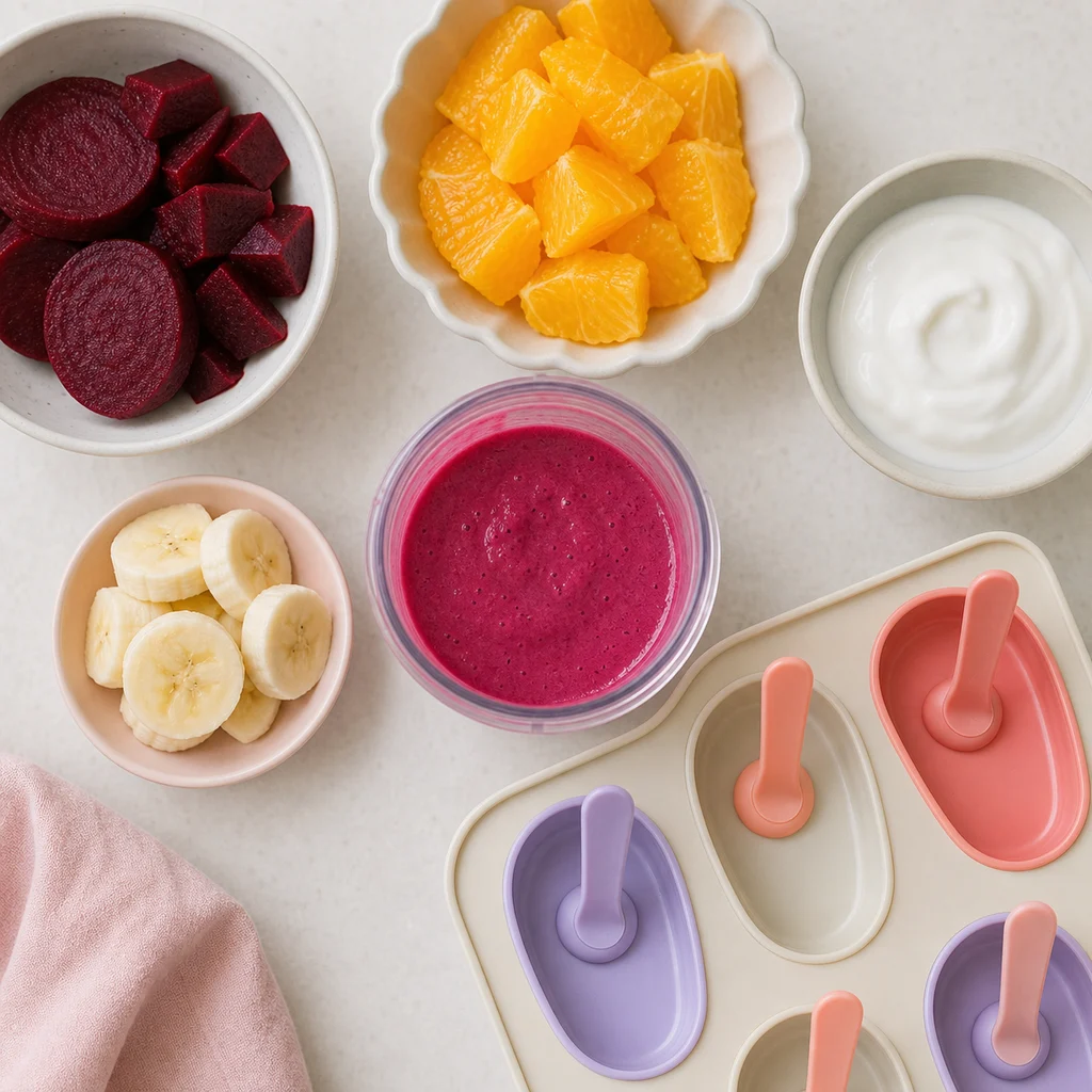 Bright Beetroot Orange Toddler Smoothie Pops ingredients image for TinyTummyTreats