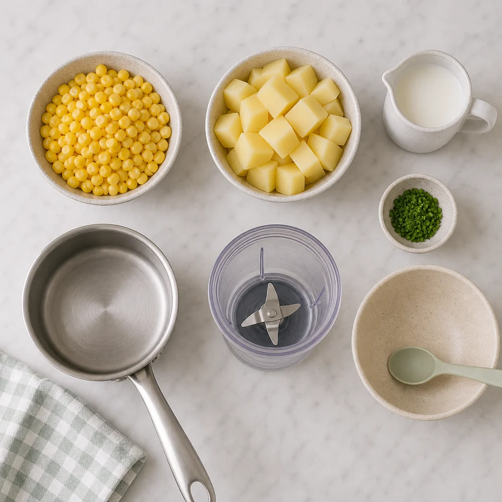 Classic Creamy Sweet Corn Potato Puree Mild Chives ingredients image for TinyTummyTreats