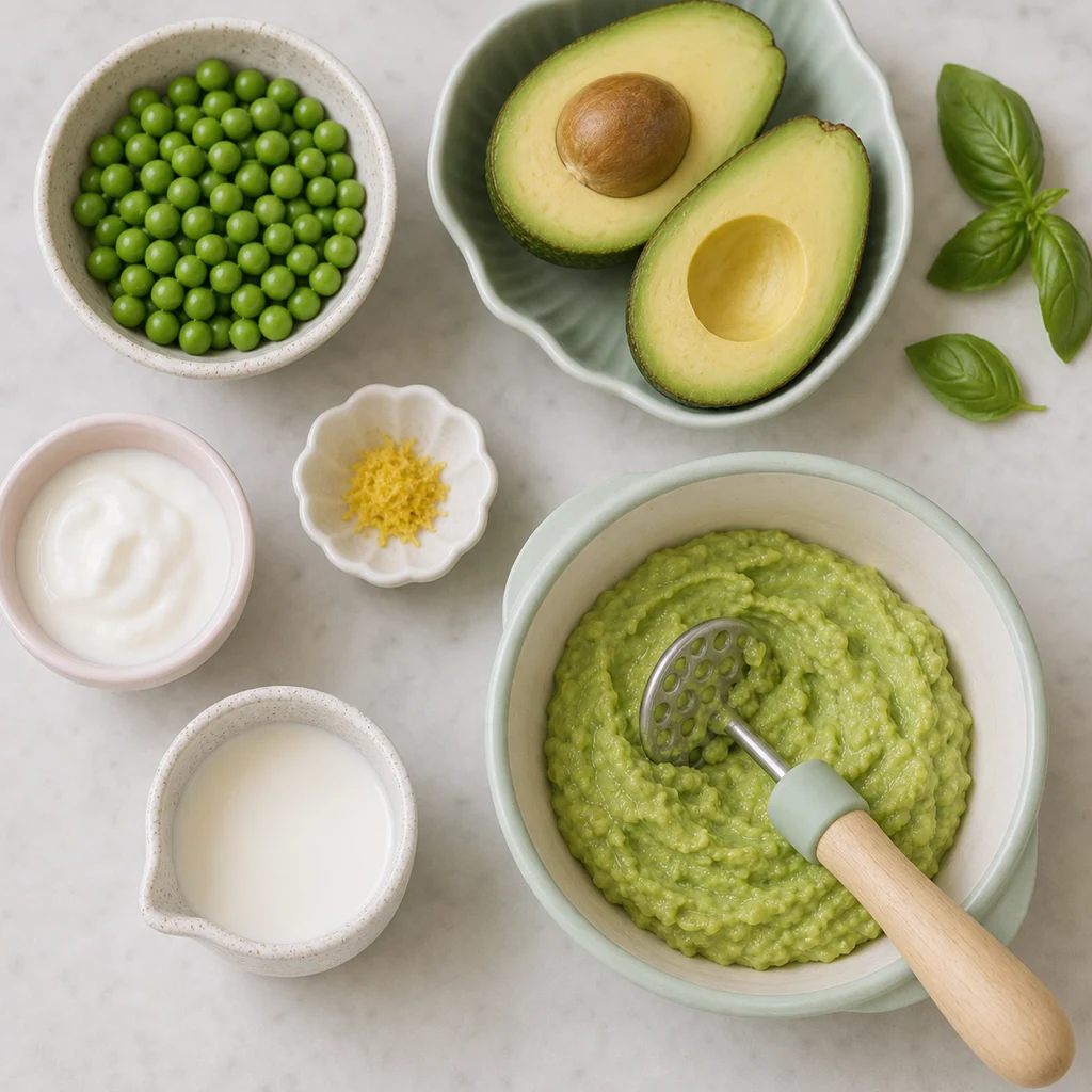 Creamy Avocado Pea Puree Basil ingredients image for TinyTummyTreats