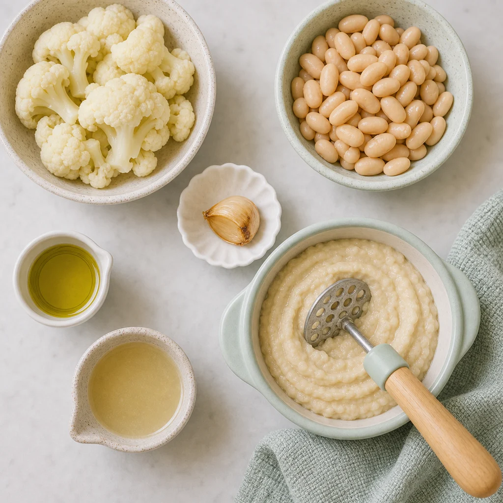 Creamy Cauliflower White Bean Puree Mild Garlic ingredients image for TinyTummyTreats