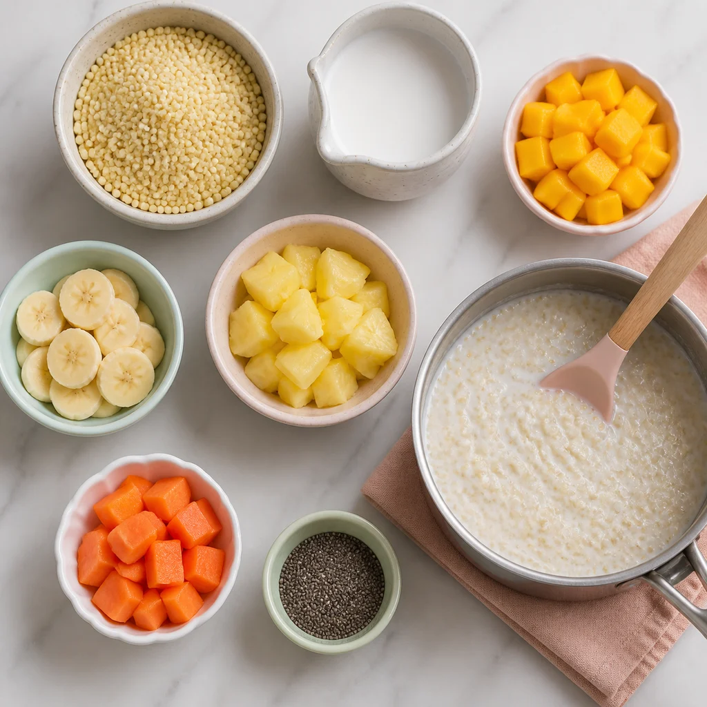 Creamy Coconut Millet Porridge Tropical Fruits ingredients image for TinyTummyTreats