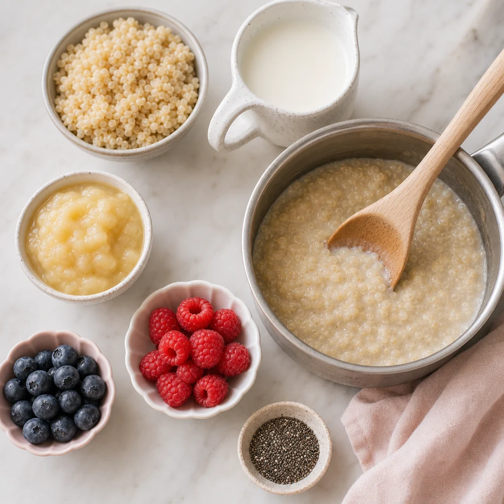 Creamy Quinoa Porridge Berries Chia Seeds ingredients image for TinyTummyTreats