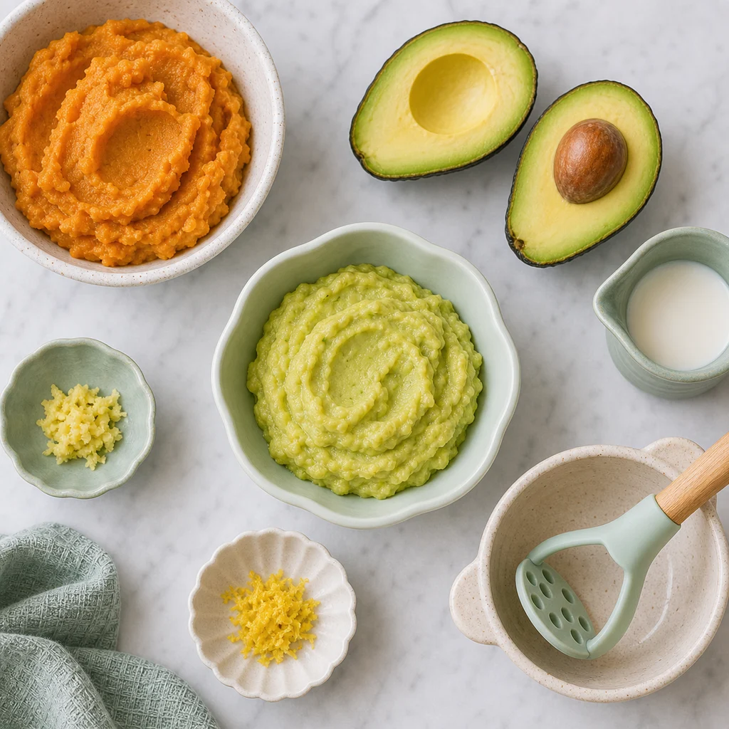 Creamy Sweet Potato Avocado Toddler Mash Ginger ingredients image for TinyTummyTreats