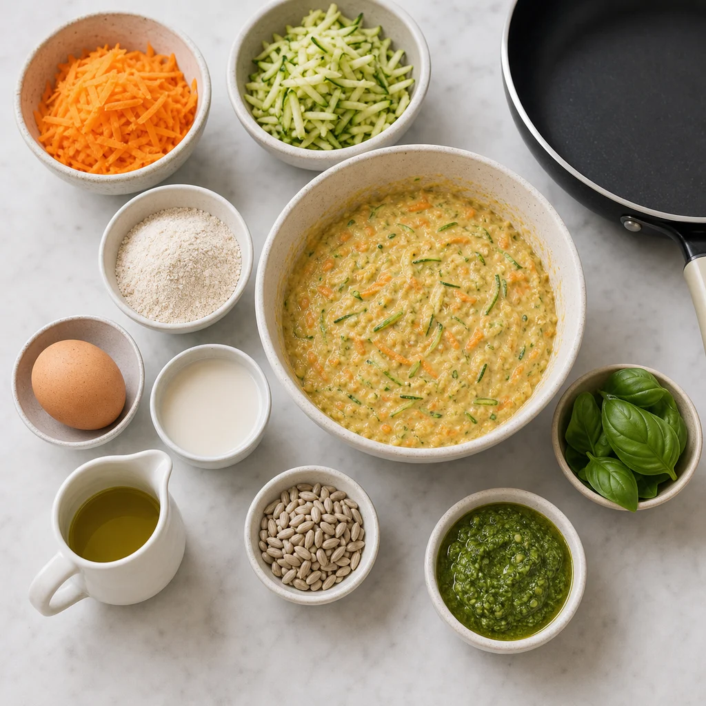 Dairy Free Carrot Zucchini Pancake Stacks Basil Pesto ingredients image for TinyTummyTreats