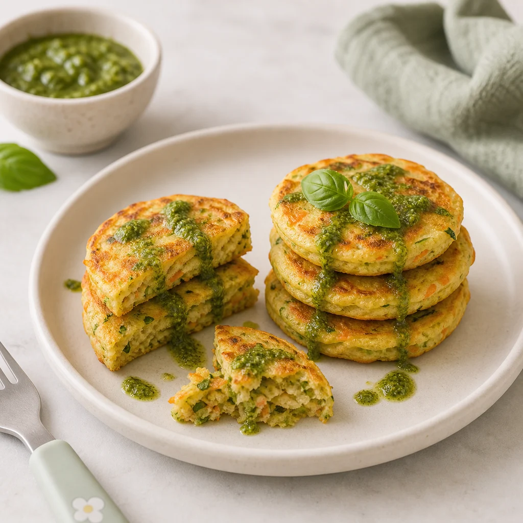 Dairy Free Carrot Zucchini Pancake Stacks Basil Pesto process image for TinyTummyTreats