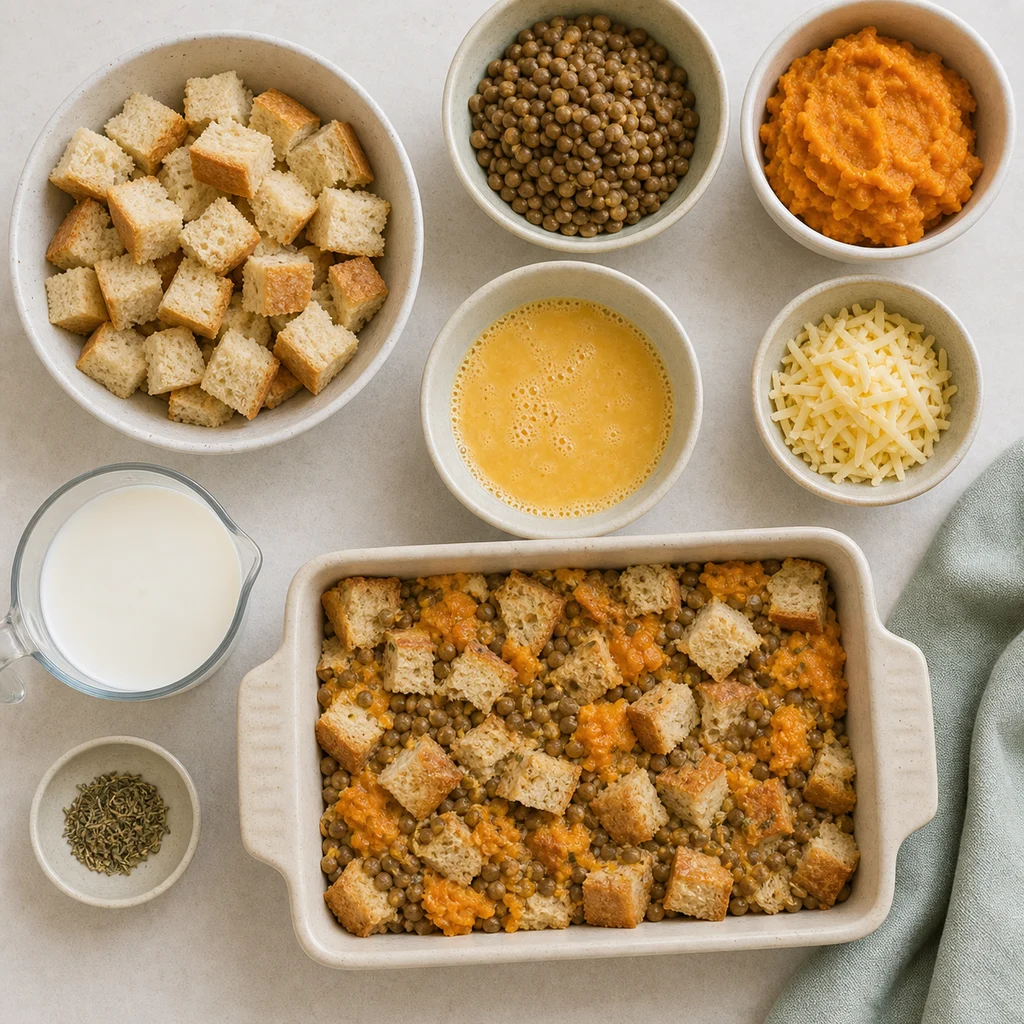 Festive Lentil Sweet Potato Savory Bread Pudding ingredients image for TinyTummyTreats