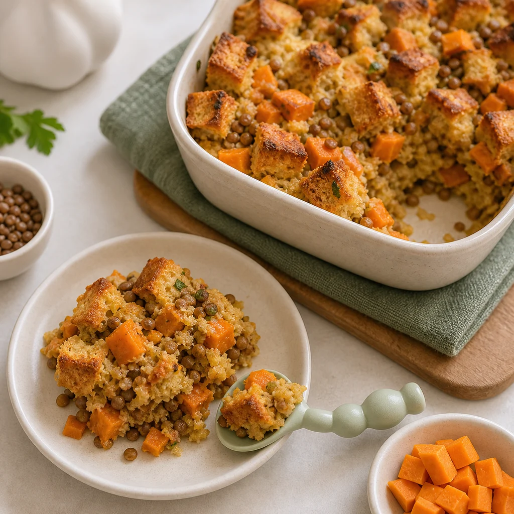 Festive Lentil Sweet Potato Savory Bread Pudding process image for TinyTummyTreats