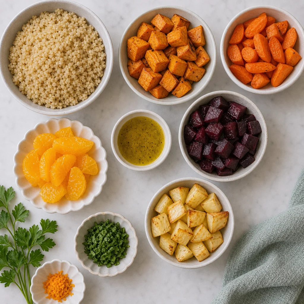 Festive Quinoa Roasted Root Vegetable Salad Citrus Dressing ingredients image for TinyTummyTreats