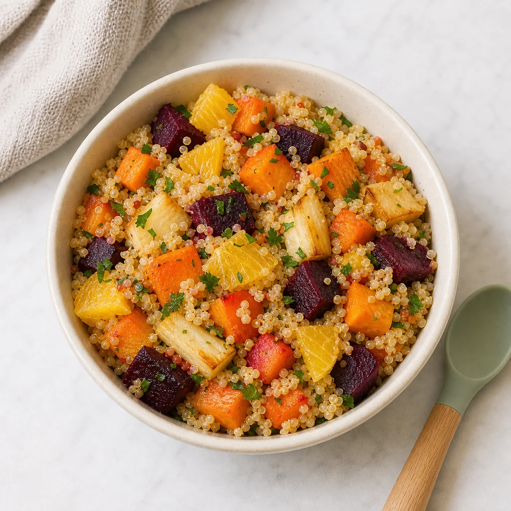 Festive Quinoa Roasted Root Vegetable Salad Citrus Dressing process image for TinyTummyTreats