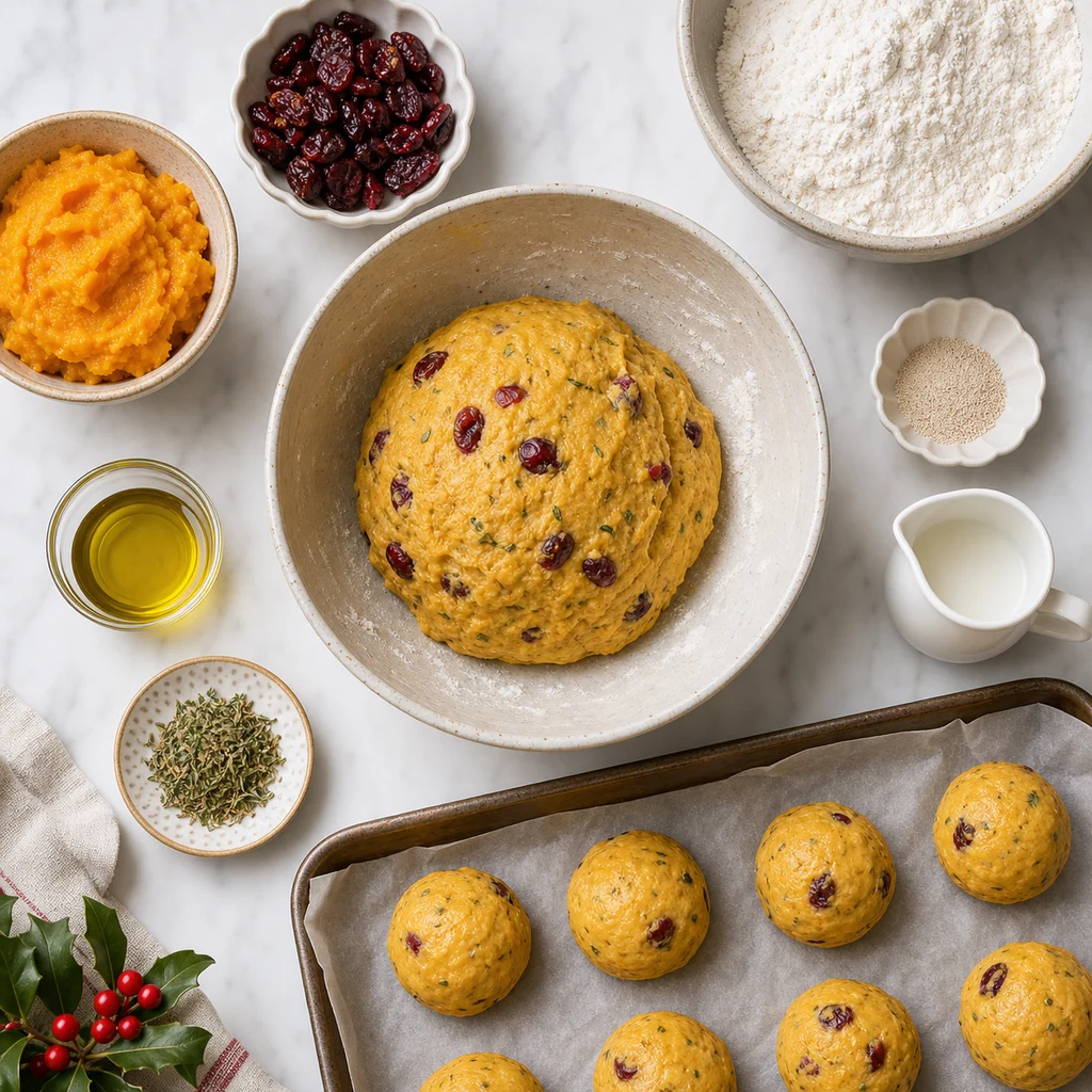 Festive Roasted Pumpkin Cranberry Savory Bread Rolls ingredients image for TinyTummyTreats