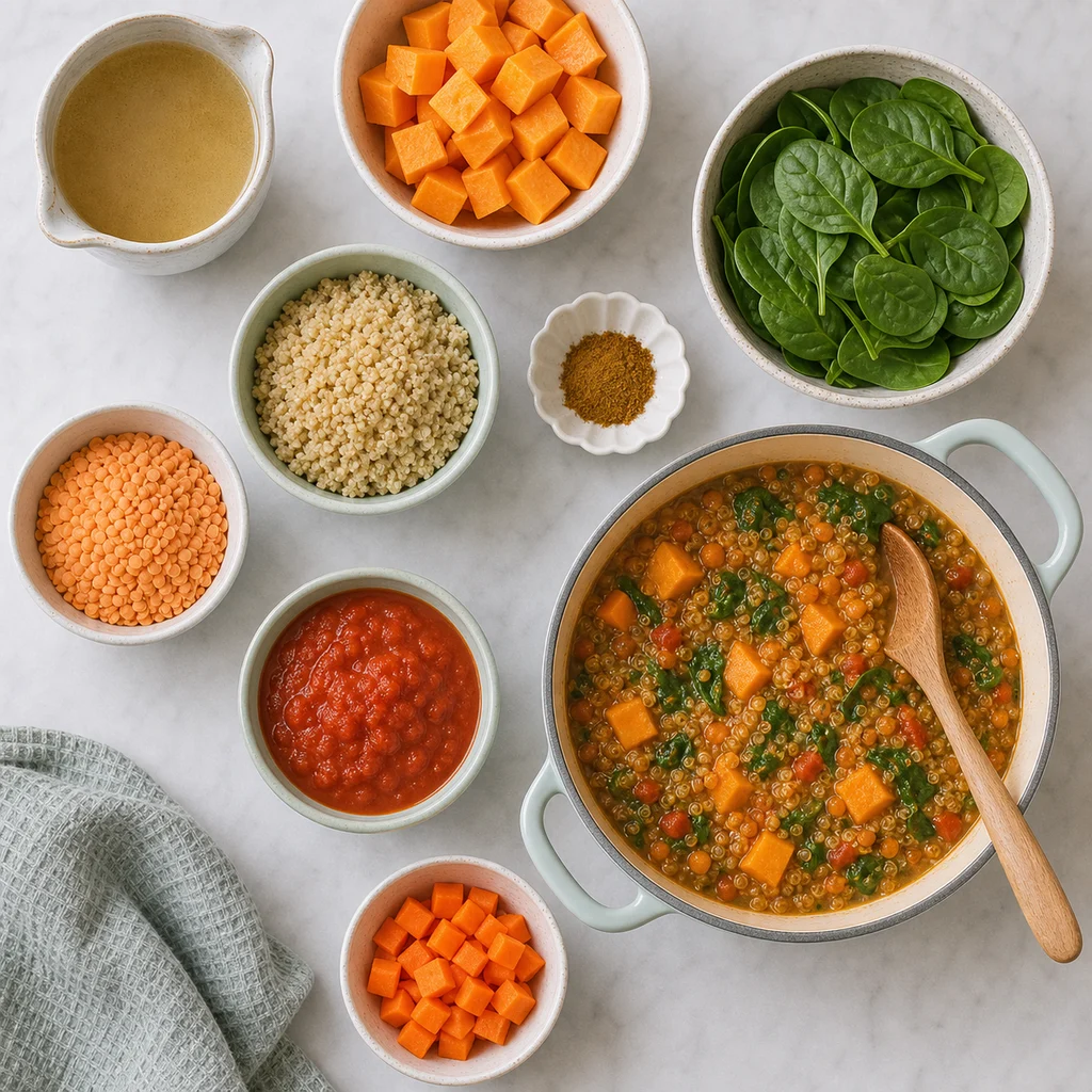 Iron Rich Quinoa Lentil Stew Seasonal Vegetables ingredients image for TinyTummyTreats