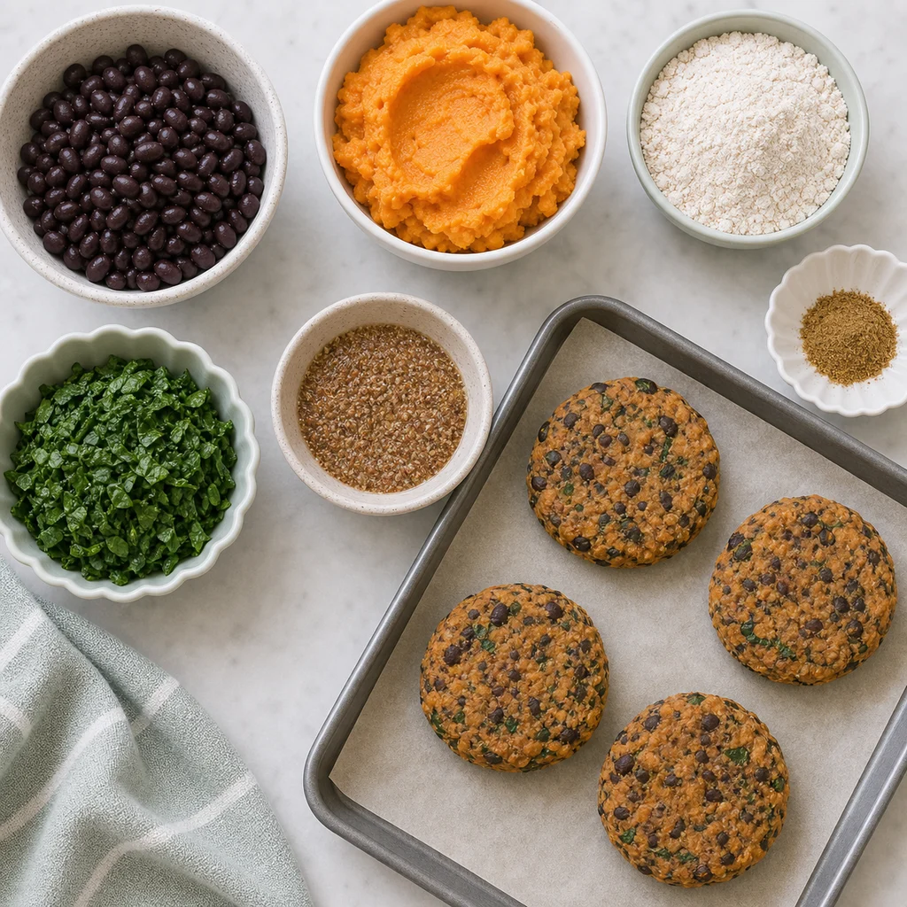 Iron Rich Vegan Black Bean Sweet Potato Burgers ingredients image for TinyTummyTreats