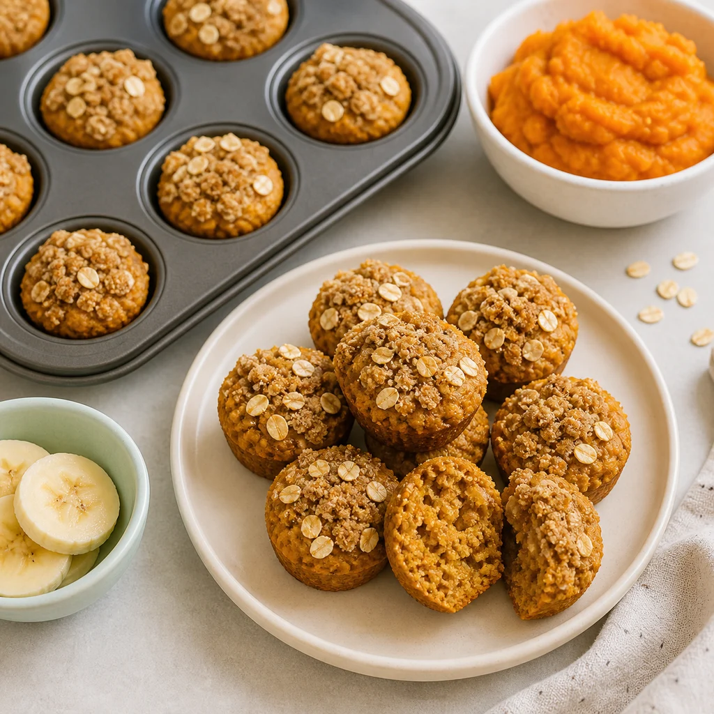 Mini Banana Pumpkin Muffin Bites Oat Topping process image for TinyTummyTreats