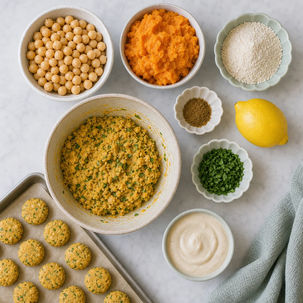 Mini Chickpea Sweet Potato Falafel Bites Tahini Dip ingredients image for TinyTummyTreats
