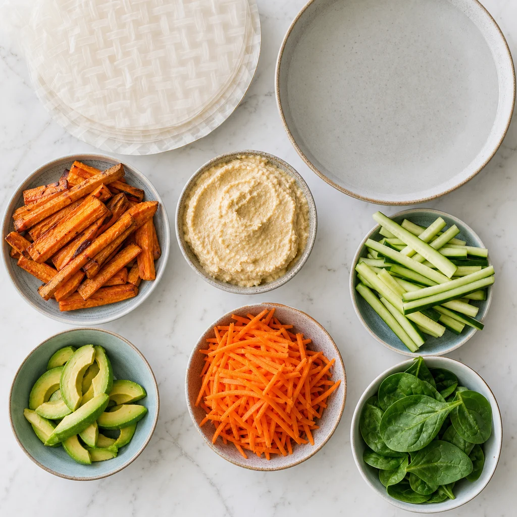 Nut Free Hummus Roasted Sweet Potato Rice Paper Rolls ingredients image for TinyTummyTreats