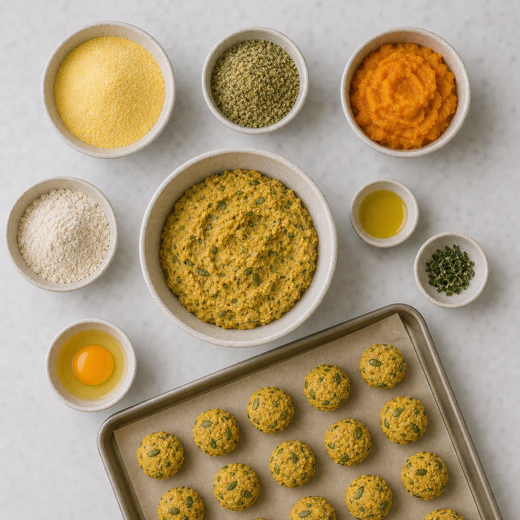 Nut Free Polenta Pumpkin Seed Mini Bites ingredients image for TinyTummyTreats