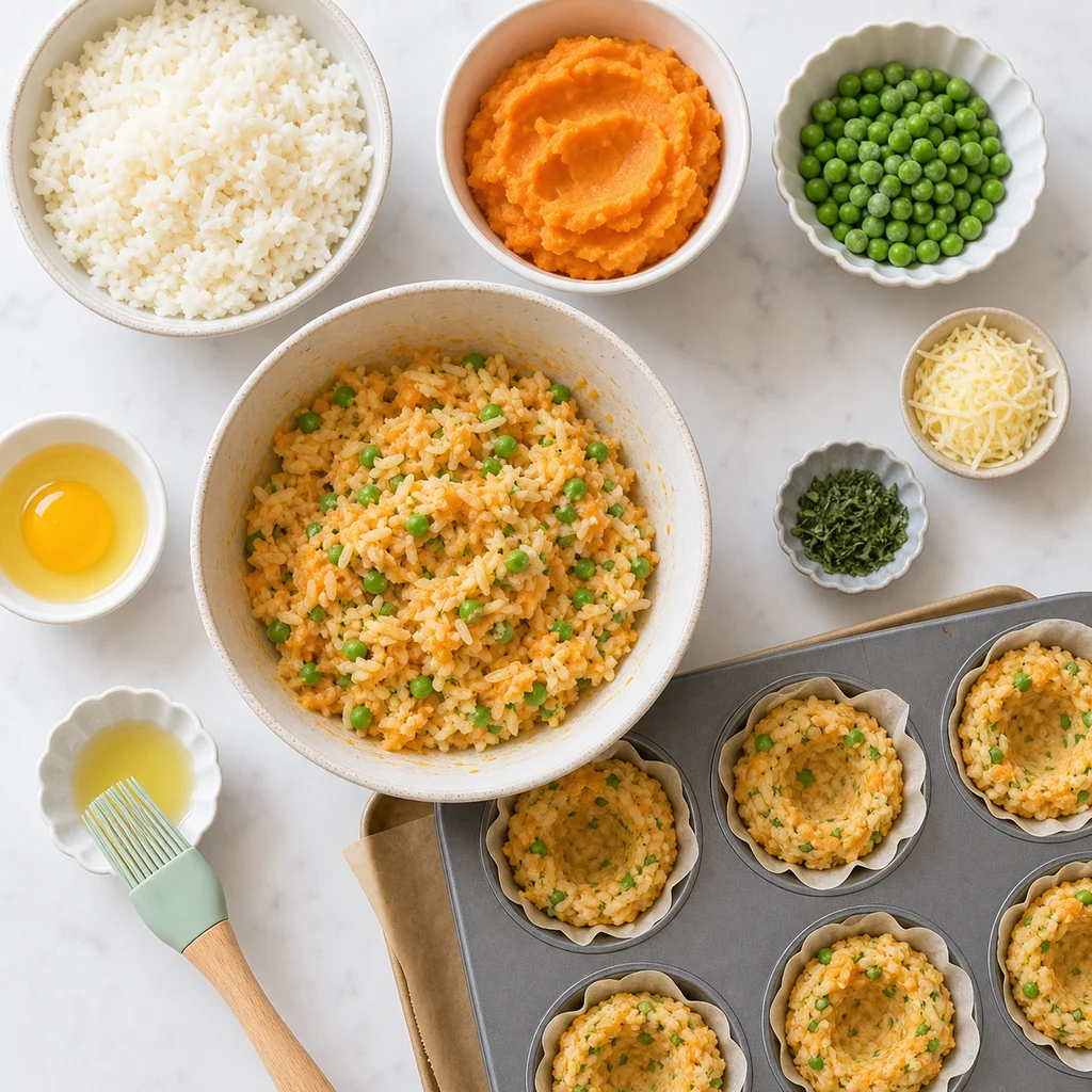 Nut Free Sweet Potato Pea Rice Nests ingredients image for TinyTummyTreats