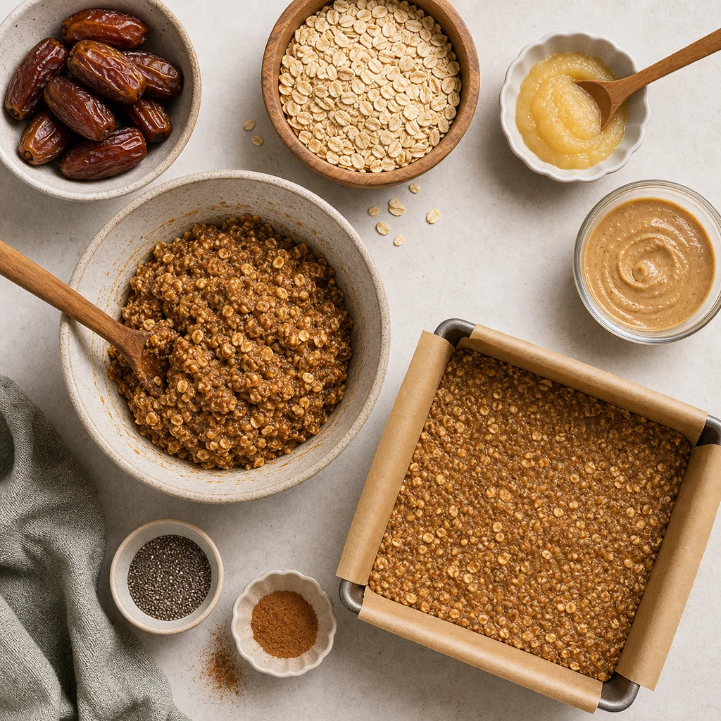 Nut Free Vegan Date Oat Breakfast Bars ingredients image for TinyTummyTreats