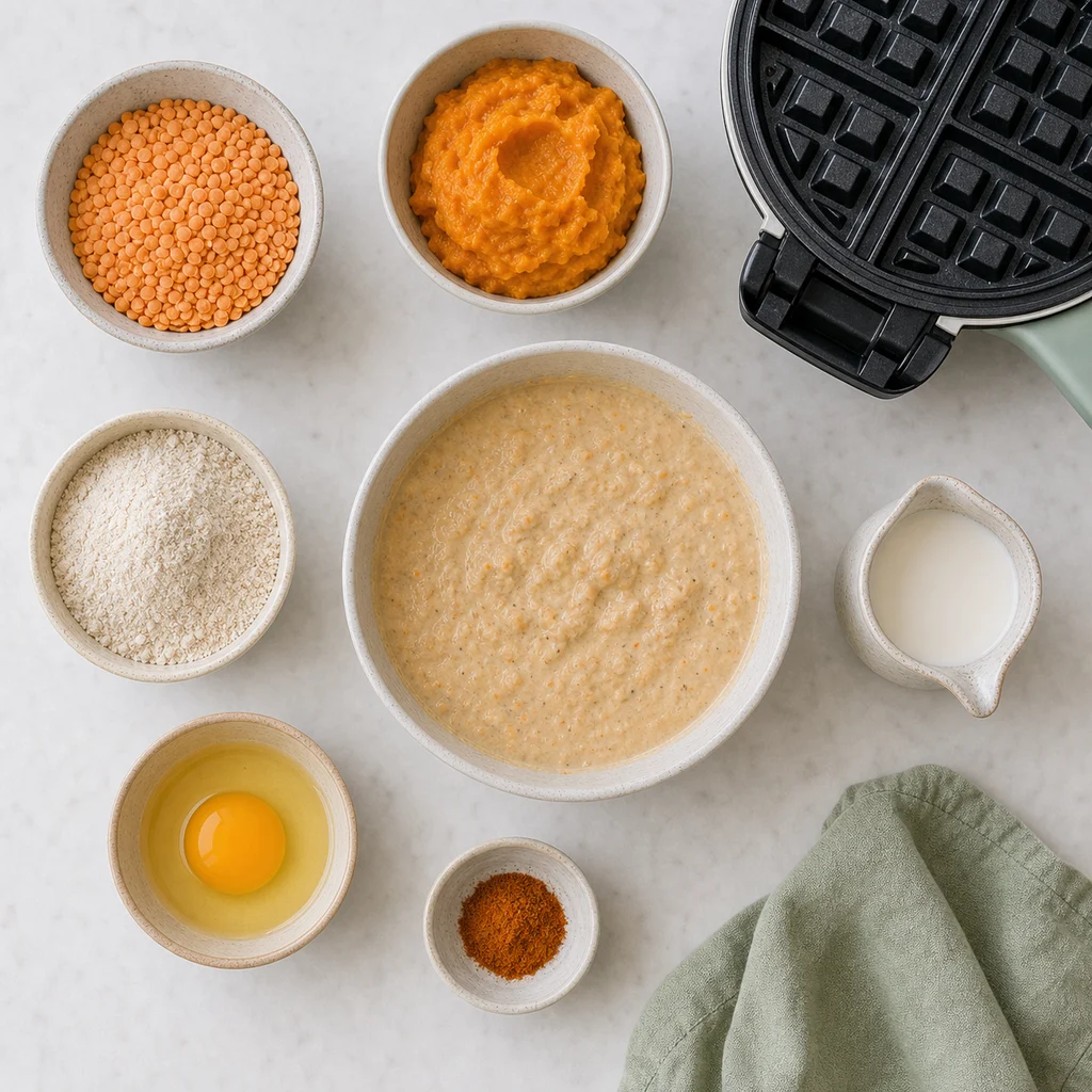Nutrient Dense Lentil Sweet Potato Savory Waffles ingredients image for TinyTummyTreats