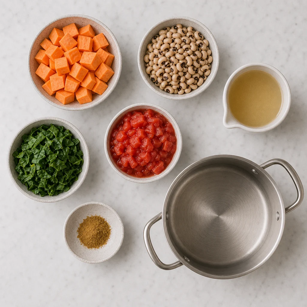 One Pot Vegan Sweet Potato Black Eyed Pea Stew ingredients image for TinyTummyTreats