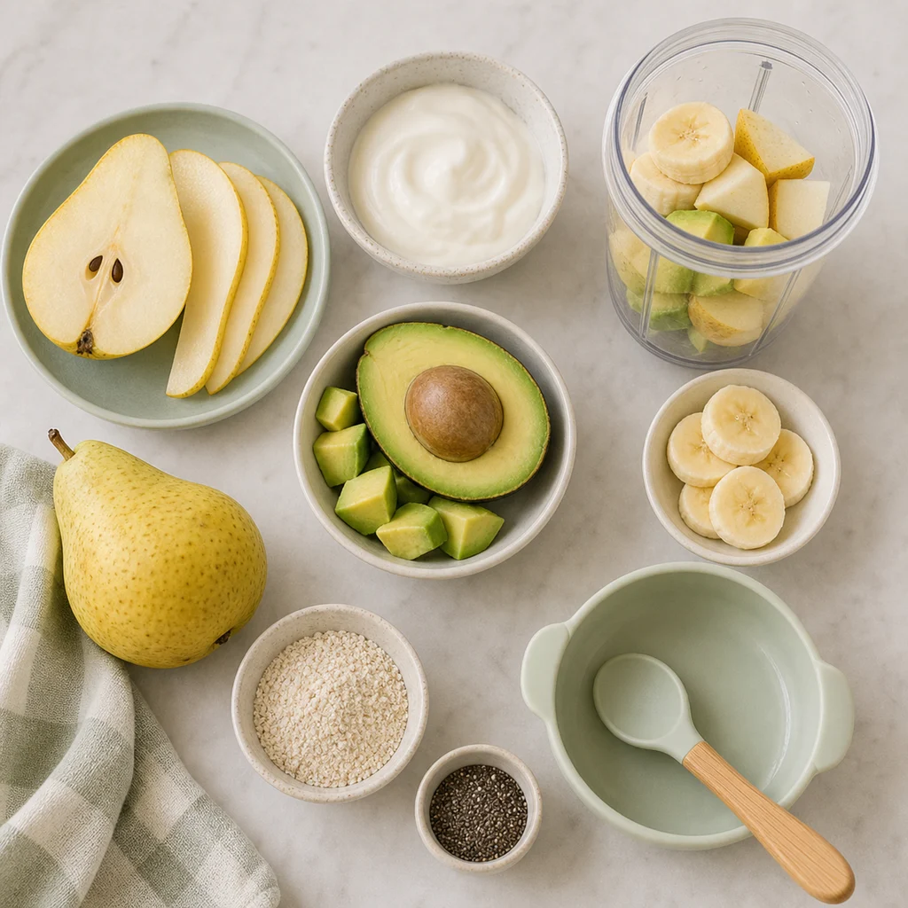 Pear Avocado Toddler Smoothie Bowl ingredients image for TinyTummyTreats