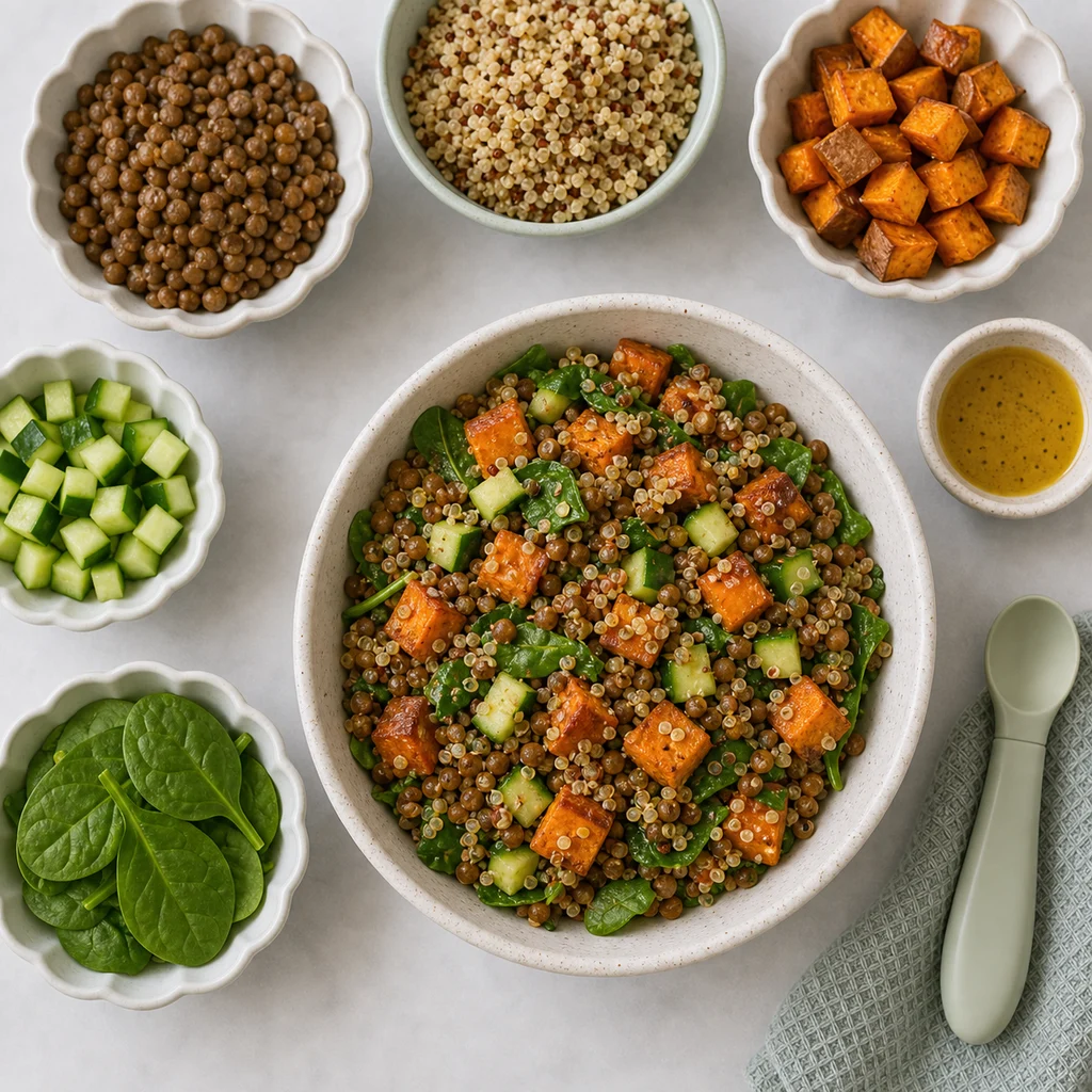 Protein Packed Vegan Lentil Quinoa Salad Roasted Sweet Potato ingredients image for TinyTummyTreats