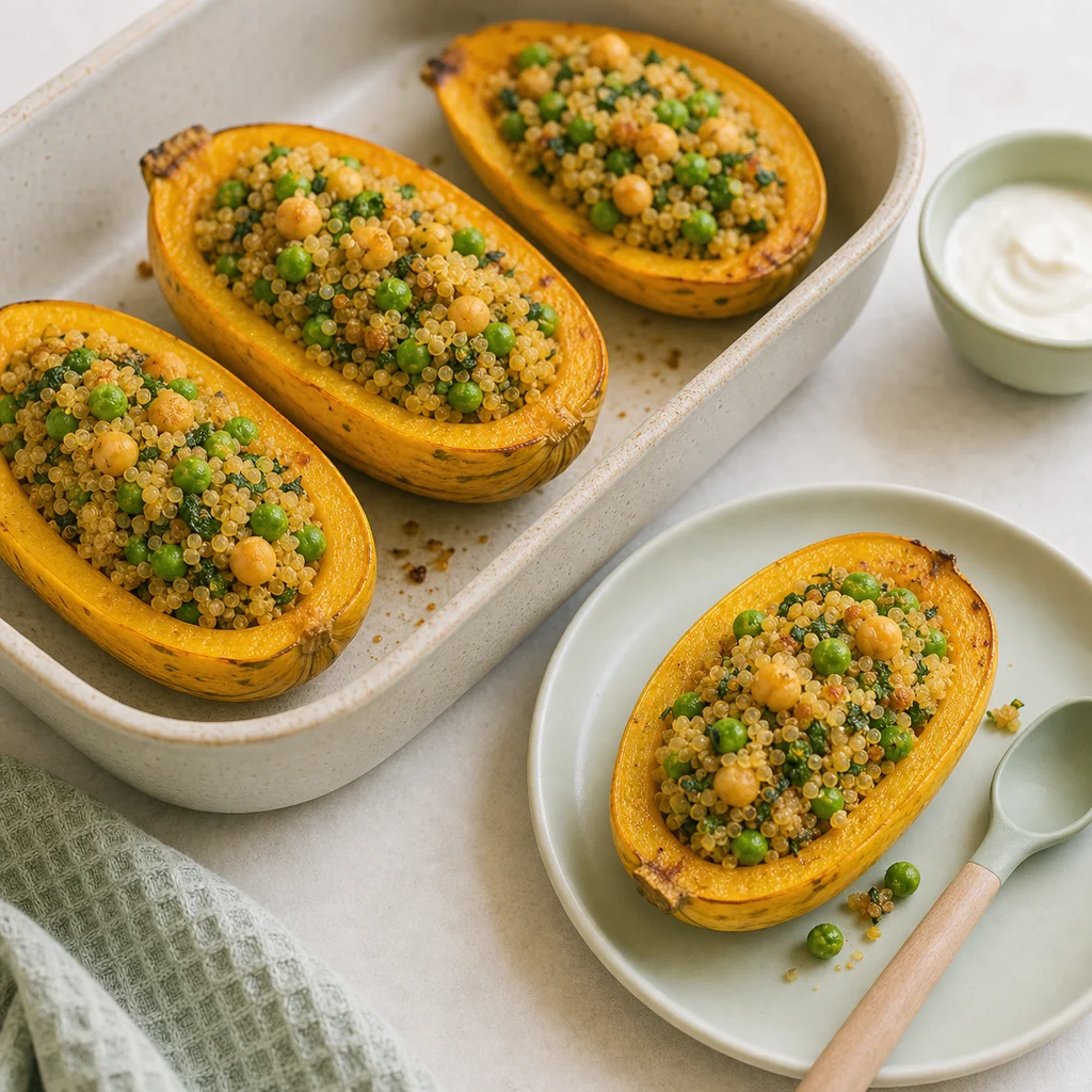 Protein Packed Vegan Quinoa And Pea Stuffed Squash Boats process image for TinyTummyTreats