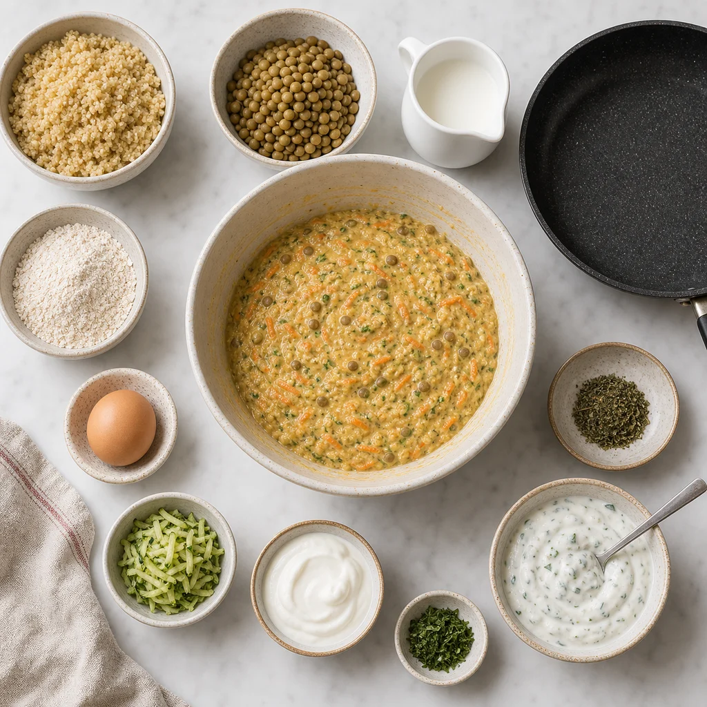 Quinoa Lentil Savory Pancake Stacks Mild Herb Yogurt Dip ingredients image for TinyTummyTreats