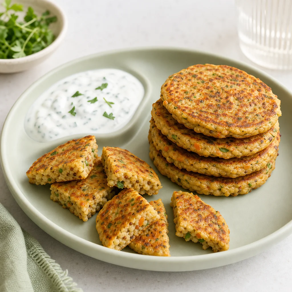 Quinoa Lentil Savory Pancake Stacks Mild Herb Yogurt Dip process image for TinyTummyTreats