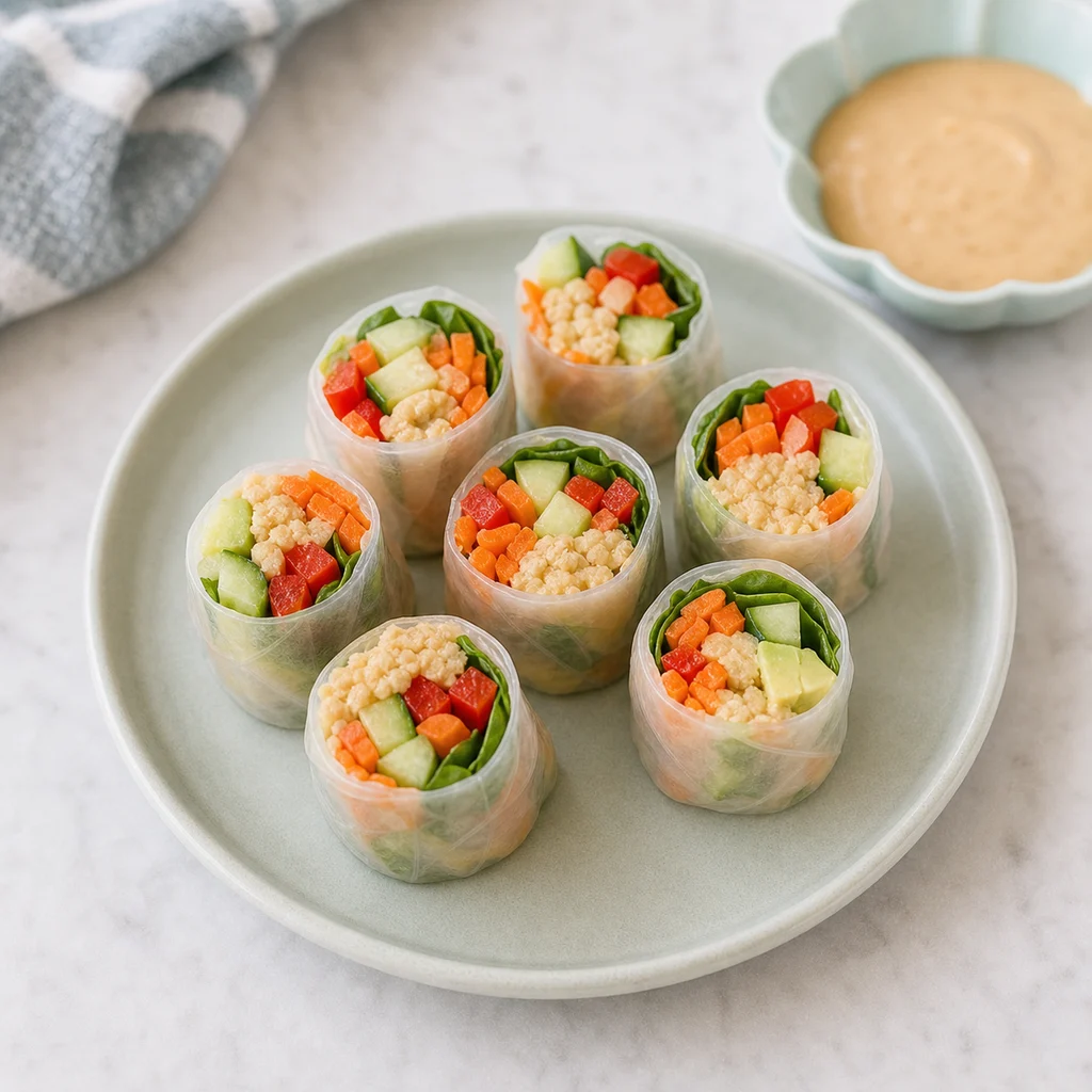 Rainbow Veggie Chickpea Rice Paper Rolls process image for TinyTummyTreats