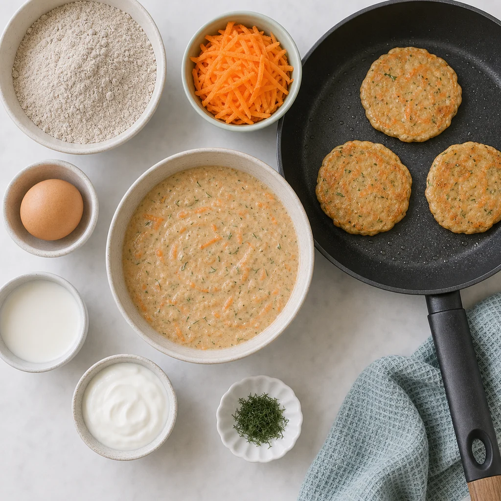 Savory Buckwheat Carrot Toddler Pancakes Mild Dill ingredients image for TinyTummyTreats