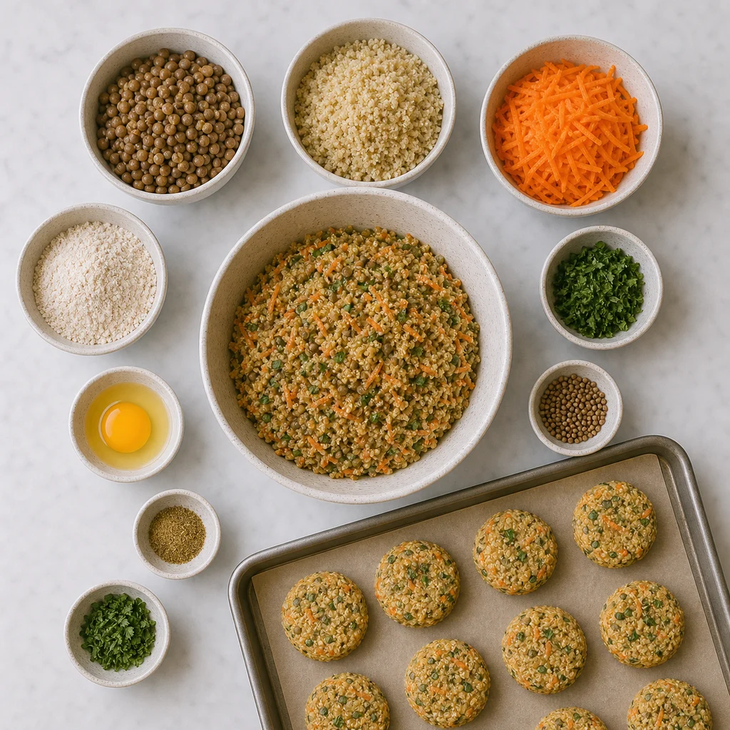 Savory Lentil Quinoa Breakfast Cakes Mild Coriander ingredients image for TinyTummyTreats