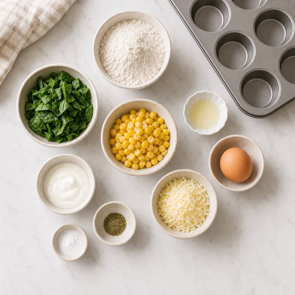 Savory Spinach Sweet Corn Mini Muffins ingredients image for TinyTummyTreats